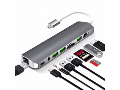 USB C Hub 9 in 1 Card Reader Charging Station USB-C Hub 9-in-1 Type C Adapter with USB 3.0 HDMI SD TF 3.5AUX RJ45 PD converter