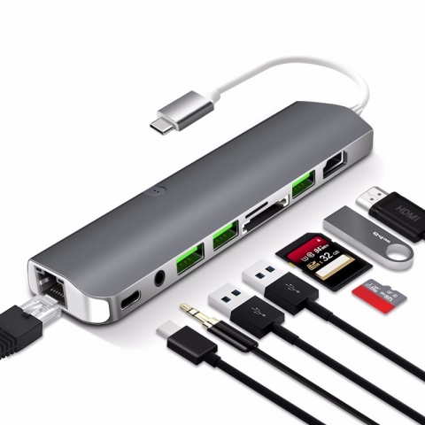 USB C Hub 9 in 1 Card Reader Charging Station USB-C Hub 9-in-1 Type C Adapter with USB 3.0 HDMI SD TF 3.5AUX RJ45 PD converter