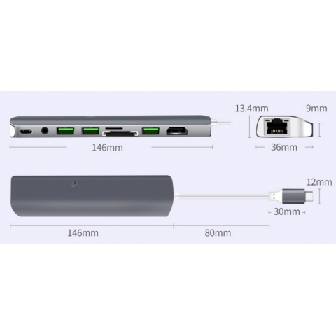 USB C Hub 9 in 1 Card Reader Charging Station USB-C Hub 9-in-1 Type C Adapter with USB 3.0 HDMI SD TF 3.5AUX RJ45 PD converter