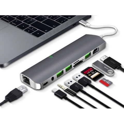 USB C Hub 9 in 1 Card Reader Charging Station USB-C Hub 9-in-1 Type C Adapter with USB 3.0 HDMI SD TF 3.5AUX RJ45 PD converter