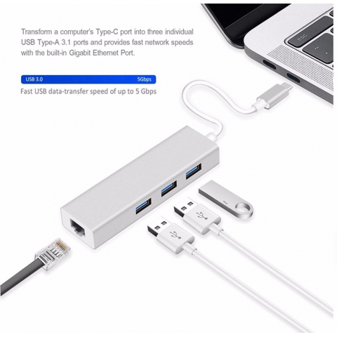 USB 3.1 Type C USB-C 3 Ports Hub with Gigabit Ethernet Network LAN Adapter Multiple for laptop