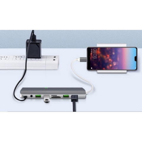 USB C Hub 9 in 1 Card Reader Charging Station USB-C Hub 9-in-1 Type C Adapter with USB 3.0 HDMI SD TF 3.5AUX RJ45 PD converter